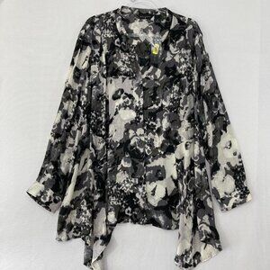 New Investments Top size 2X Black Gray Abstract Flowy Asymmetric Button Down‎